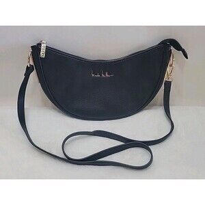 Nicole Miller Black Pebble Leather Hobo Moon Sling Bag Gold Hardware Zip Pockets